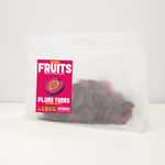 Packaged plum treats with a pink 'Frispy Fruits' label on a white background